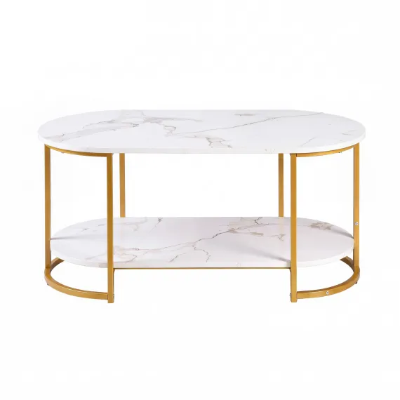 Artiss Coffee Table 2 Tier Oval Marble Finish Storage Shelf Metal Frame Center Table Living Room 100x50x45cm White & Gold
