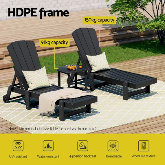 Gardeon Sun Lounge Lounger Table and Chairs Beach Chair HDPE Patio Outdoor Furniture Wheels Black