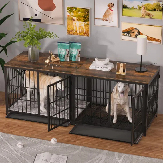 P&P Black Walnut XL Dog Crate with Wooden Furniture Style, 3-Door Entry and Slide Out Tray