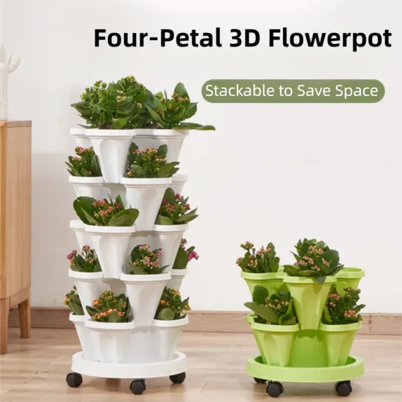 Beige 3-Tier Stackable Strawberry & Vegetable Planter with Mobile Wheel Tray - Space-Saving Vertical Gardening System