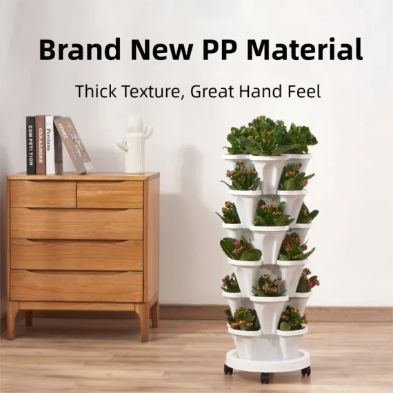 Beige 3-Tier Stackable Strawberry & Vegetable Planter with Mobile Wheel Tray - Space-Saving Vertical Gardening System