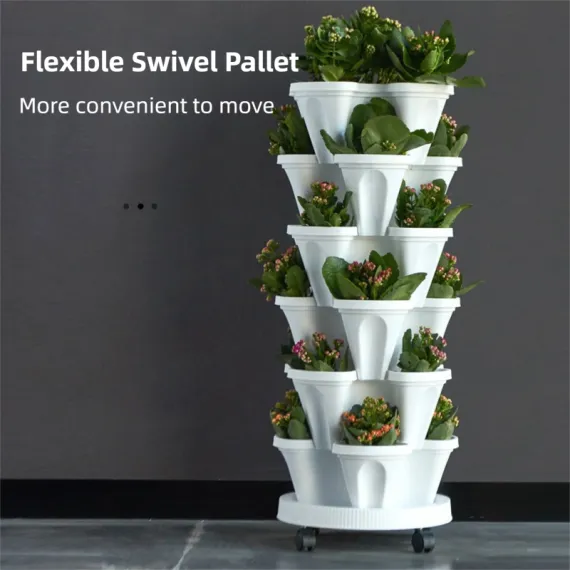 Beige 3-Tier Stackable Strawberry & Vegetable Planter with Mobile Wheel Tray - Space-Saving Vertical Gardening System