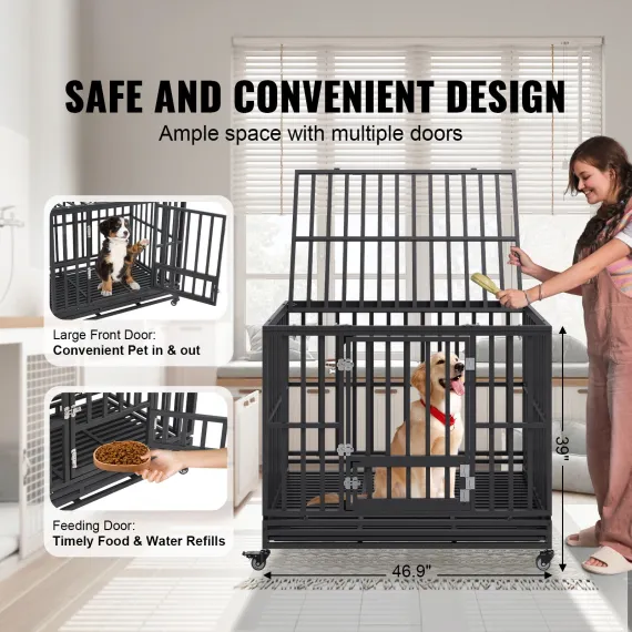 47 Inch Heavy Duty Dog Crate, Indestructible Dog Crate, 3-Door Heavy Duty Dog Kennel for Medium to Large Dogs with Lockable Wheels and Removable Tray, High Anxiety Dog Crate for Indoor & Outdoor