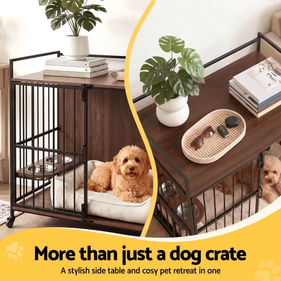 i.Pet 2-in-1 Wooden Dog Crate 99cm Pet Cage Furniture End Table Wheels Black