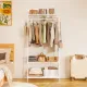 Large White Bamboo Garment Clothes Rack Shoes Coats Shelf w/ 3 Shelves & 10 Hook