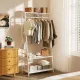 Large White Bamboo Garment Clothes Rack Shoes Coats Shelf w/ 3 Shelves & 10 Hook
