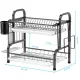 Stainless Steel 2-Tier Dish Drying Rack with Utensil Holder, Cutting Board Holder and Dish Drainer for Kitchen Counter (Black)